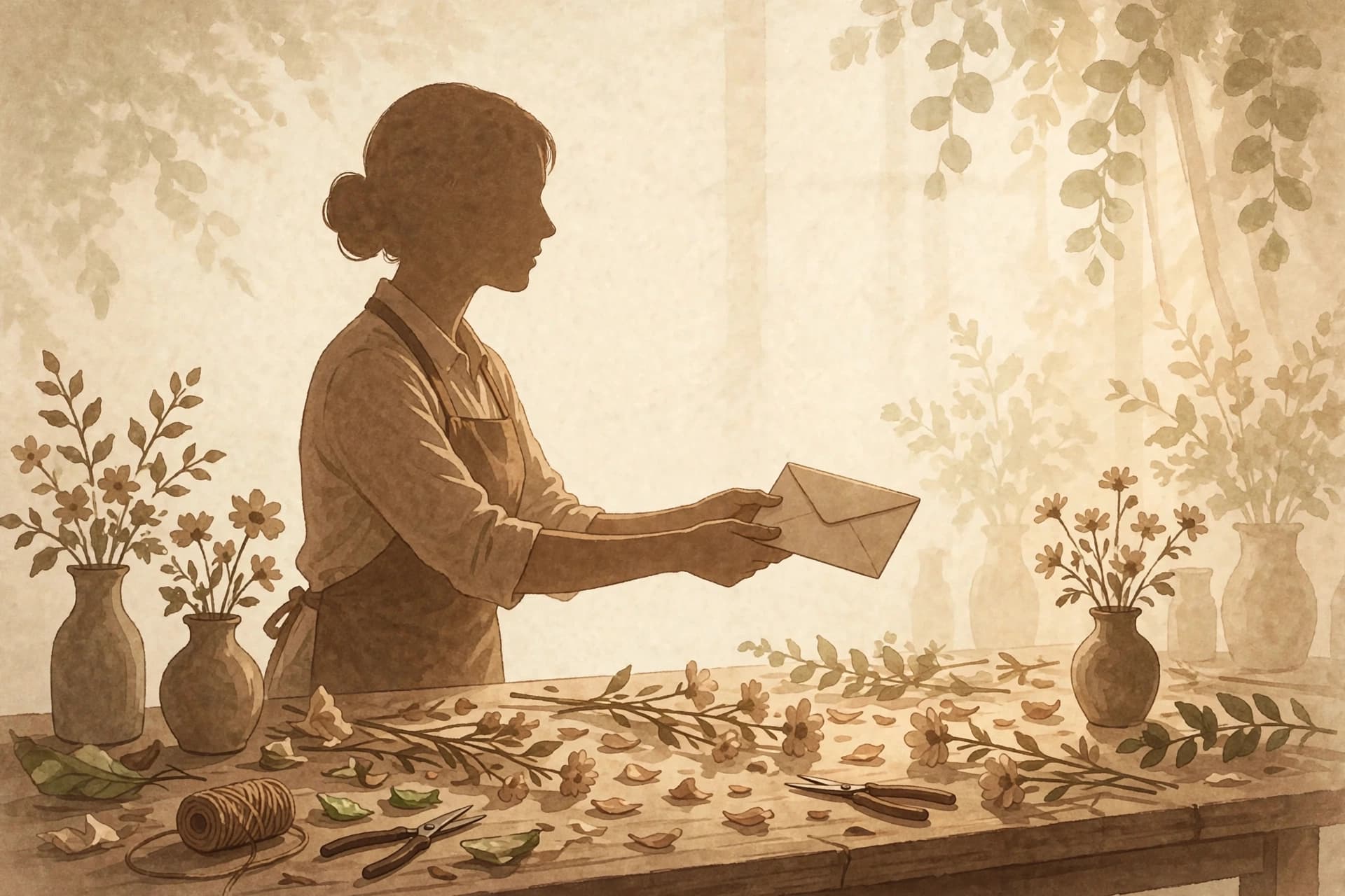 How do you remind wedding clients about payment? A florist in profile holding an invoice envelope at a work table covered in petals and vases
