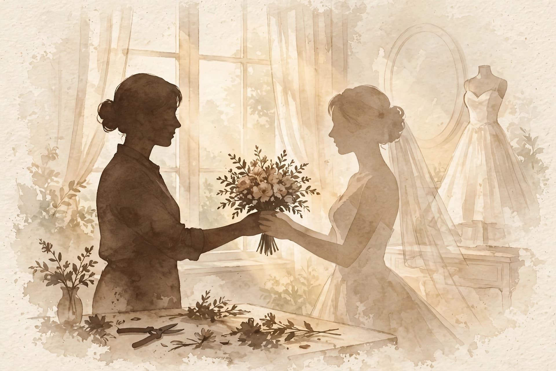 Illustration of a wedding florist handing a finished bridal bouquet to a bride in a bright getting-ready room