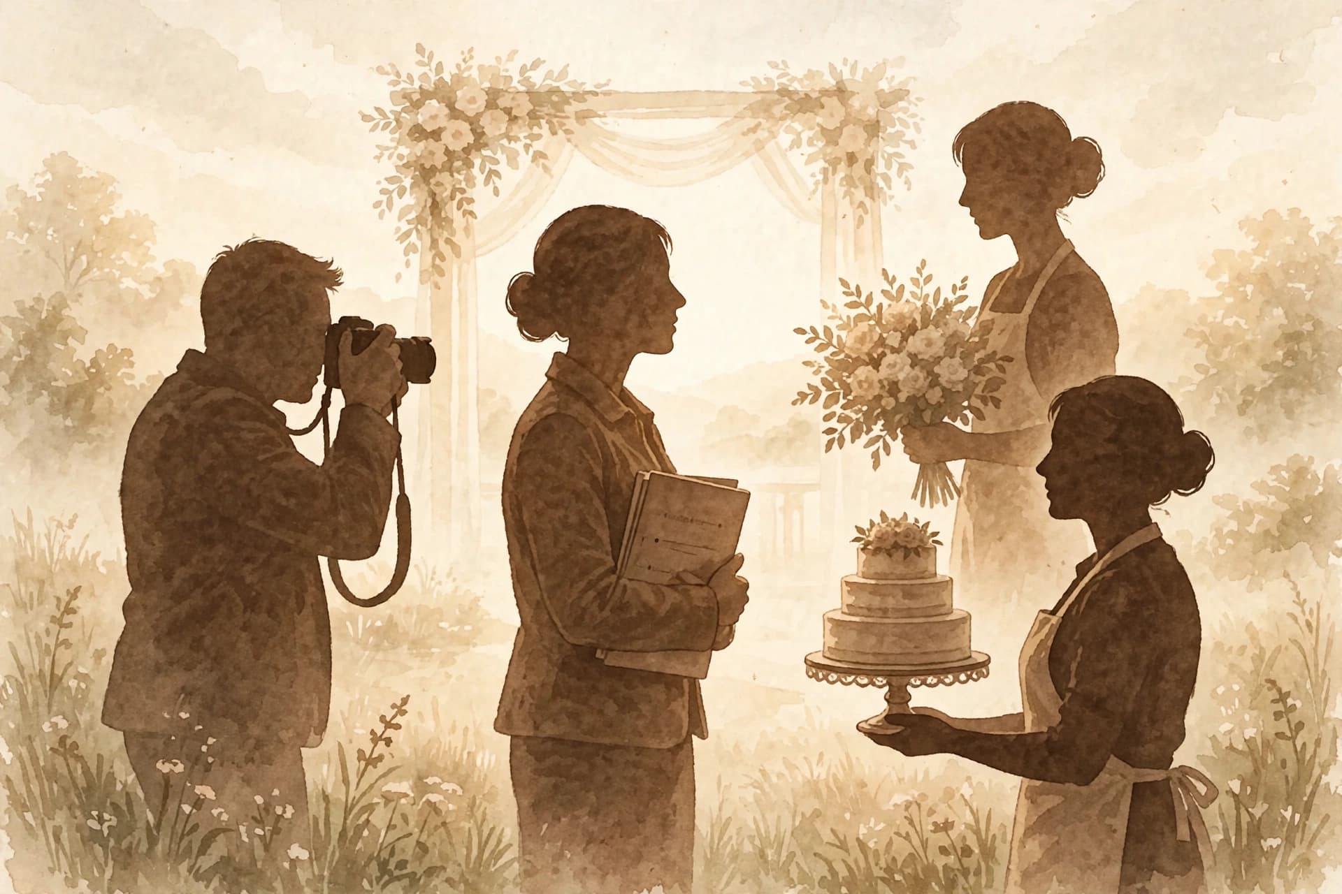 Illustration of a wedding planner guiding her vendor team, a photographer, a florist and a caterer with a cake, beside a pale ceremony arch