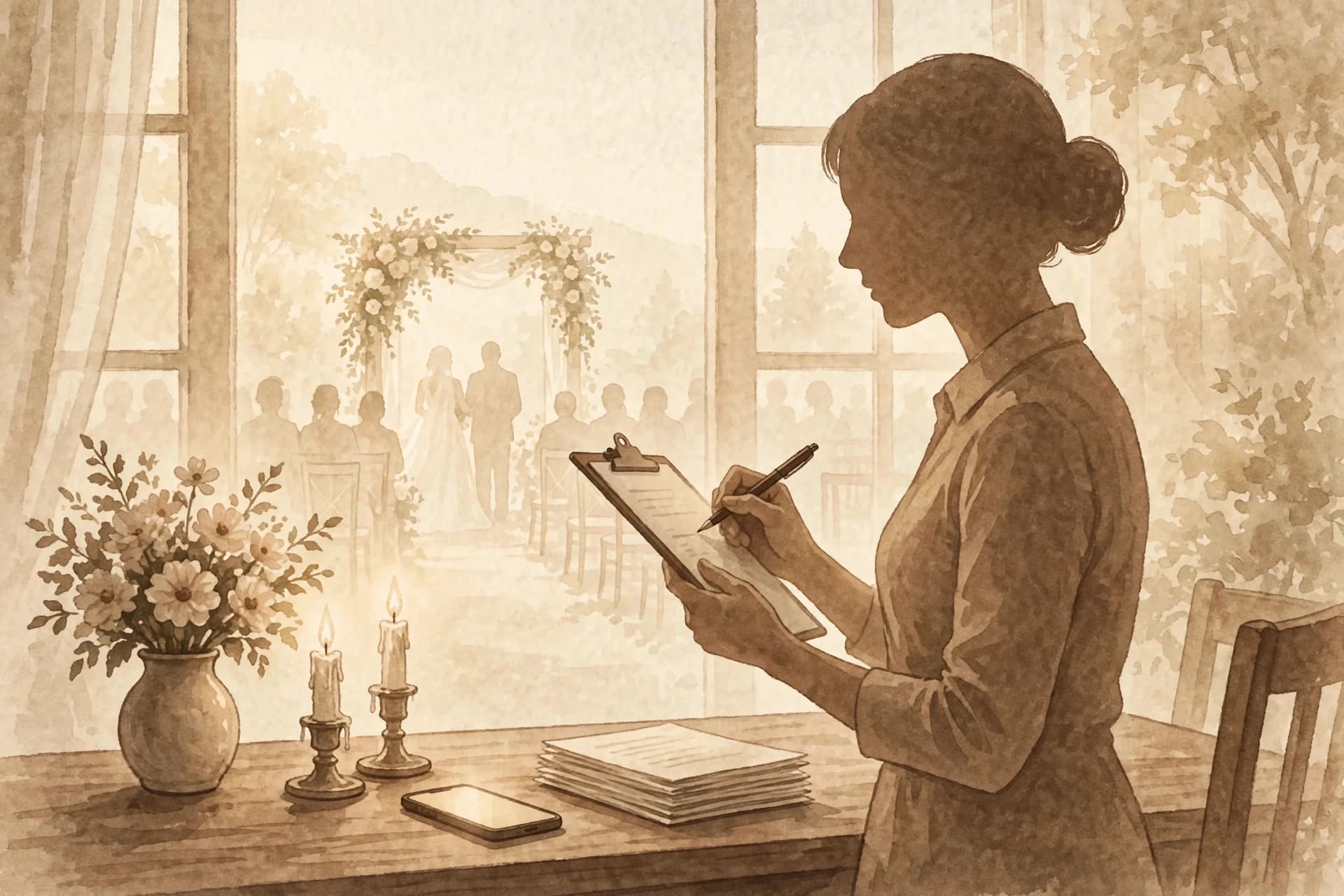 What should a CRM for wedding planners actually do? A wedding planner in profile with a clipboard at a desk, looking toward a pale ceremony scene