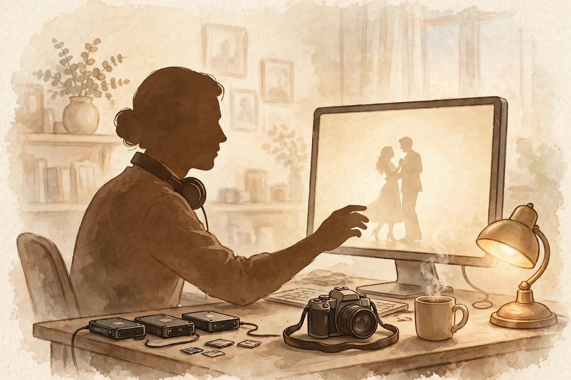 Illustration of a wedding videographer editing a film at an evening desk, a monitor showing a dancing couple, hard drives and a camera beside him