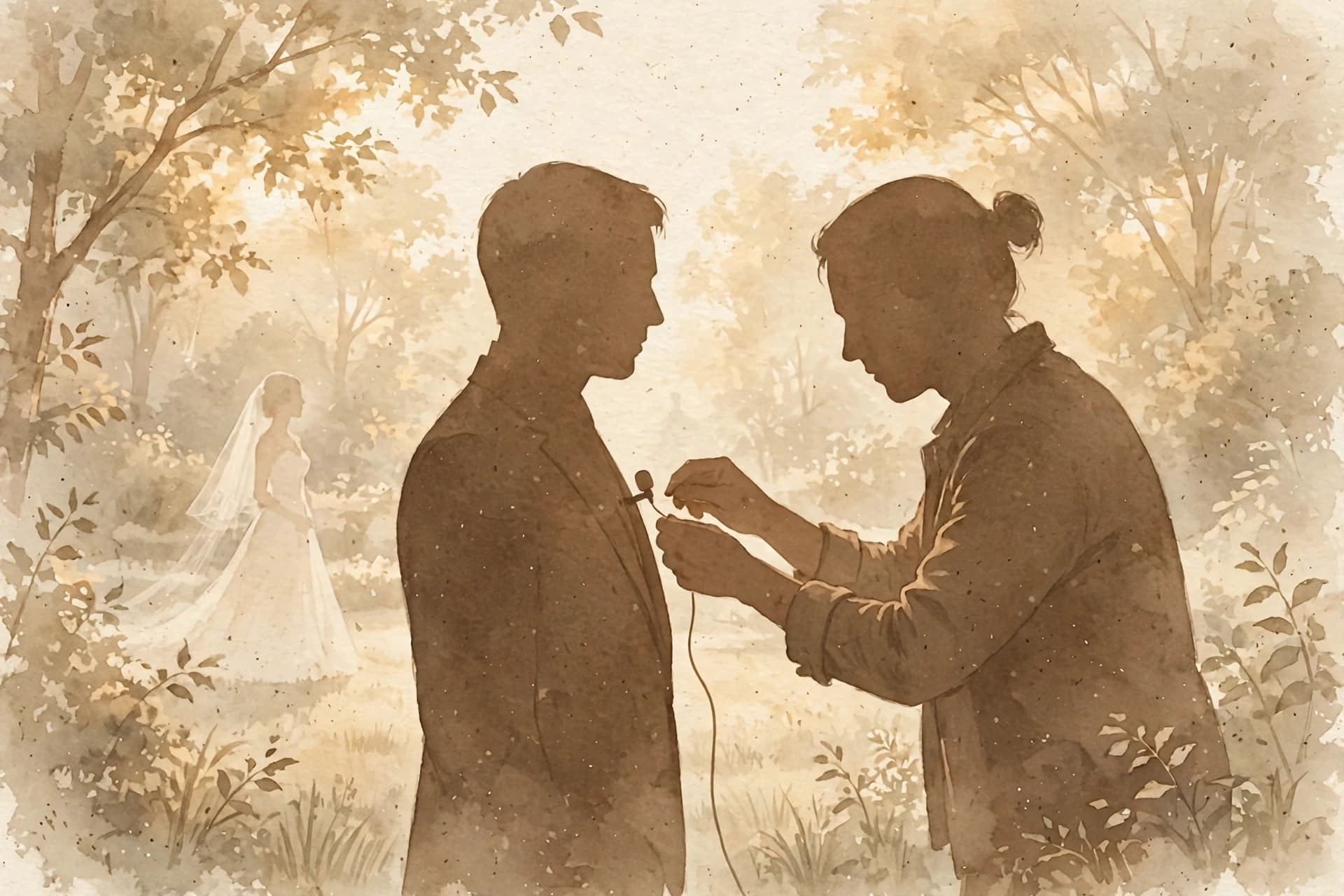 What should a CRM for wedding videographers actually do? A wedding videographer in profile pinning a small microphone to a groom's jacket in a garden, a bride ghosted pale behind them