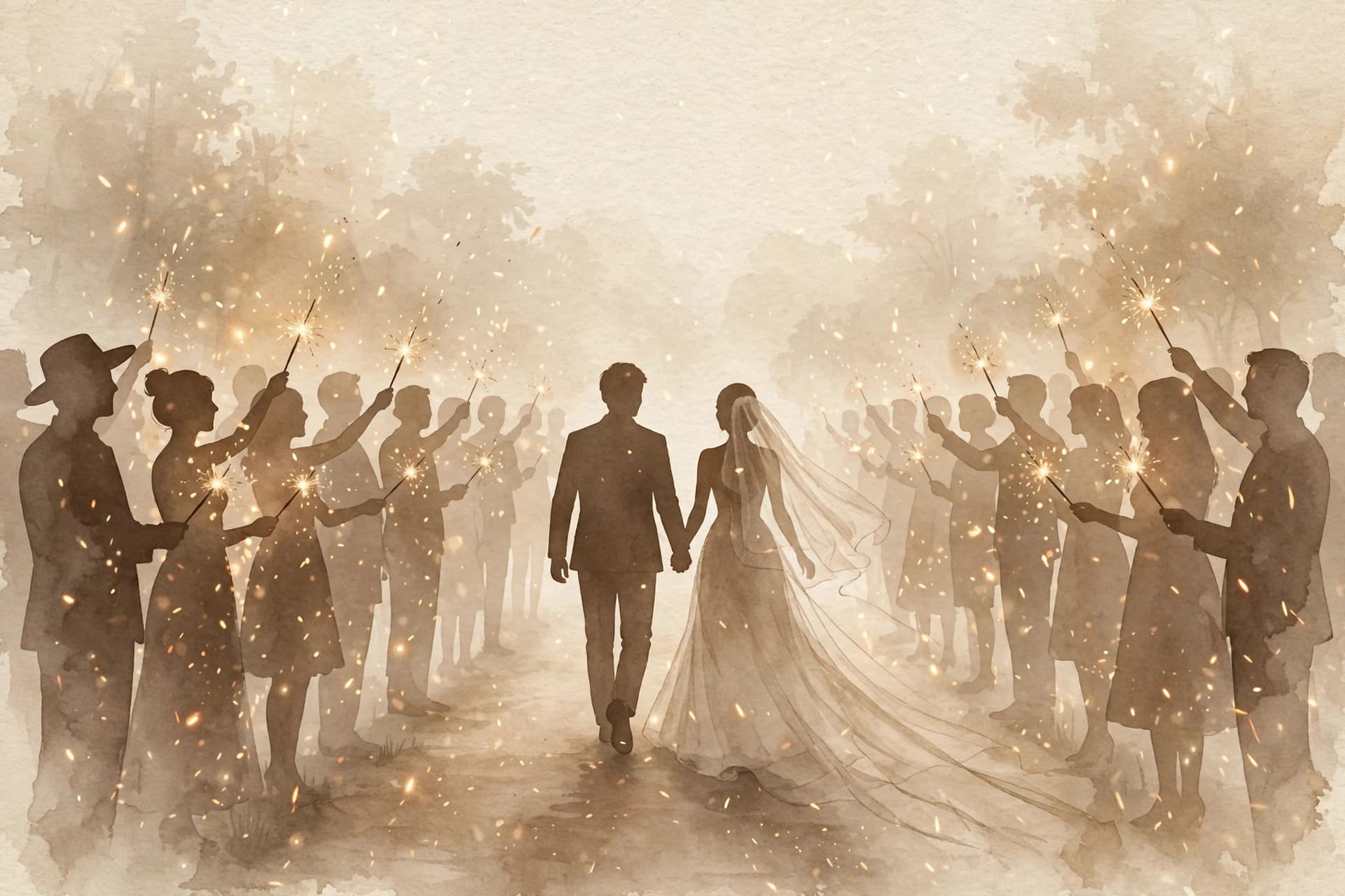 Illustration of a couple walking hand in hand through a sparkler send-off, guests holding sparklers on both sides