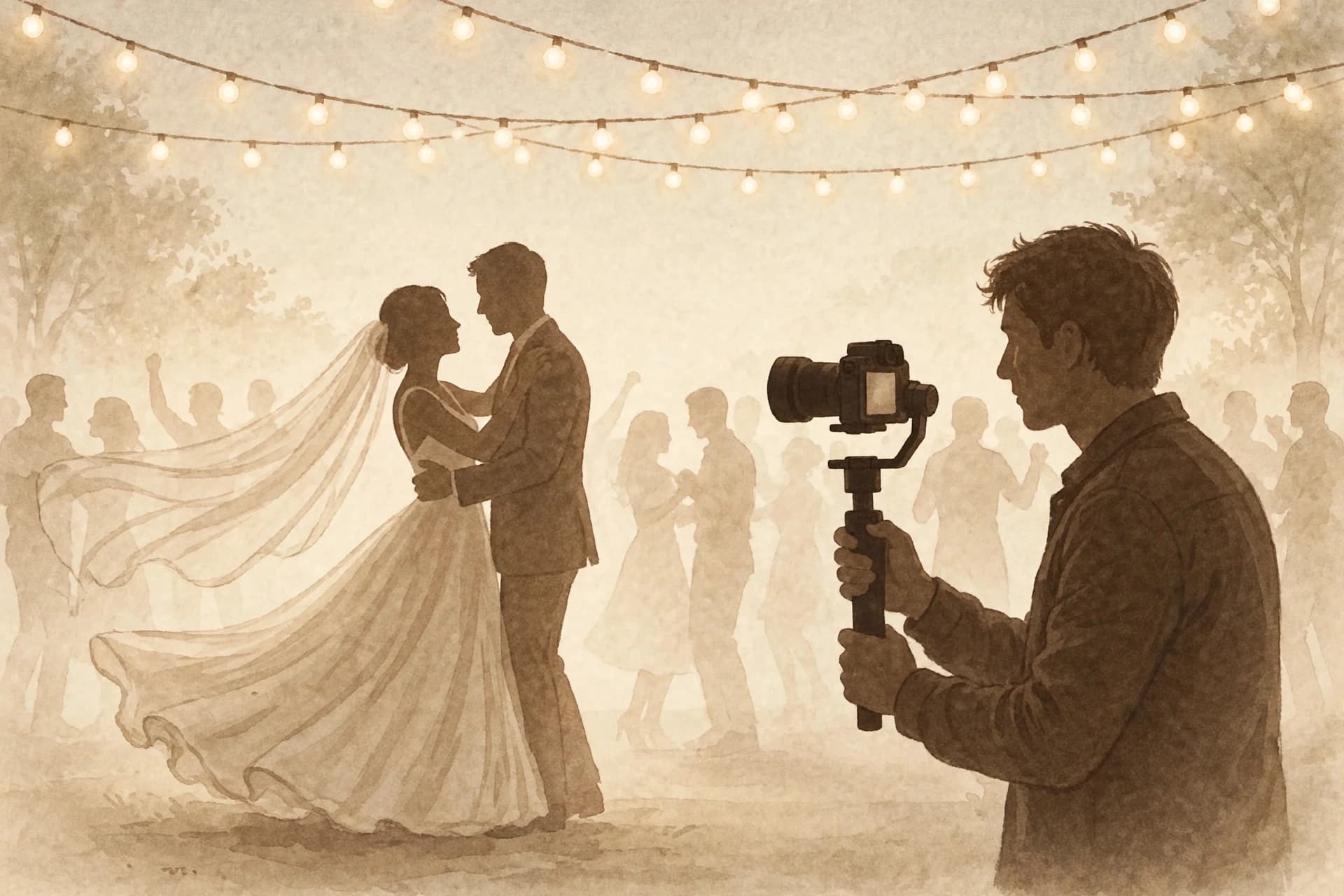 Dubsado alternative, a wedding videographer filming a couple's first dance under string lights at an evening reception