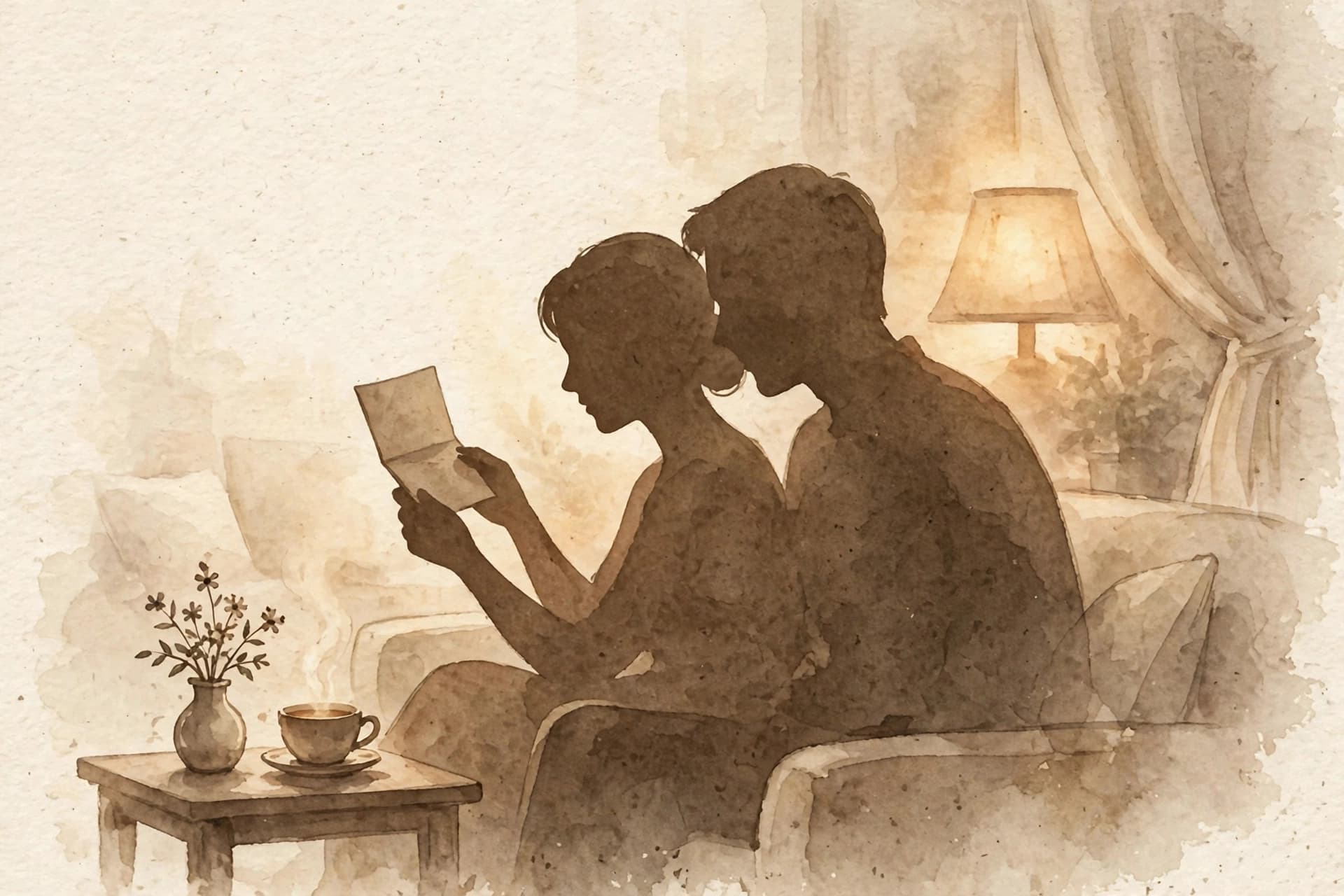 Illustration of a couple reading a letter together on a sofa in a living room at lamplight