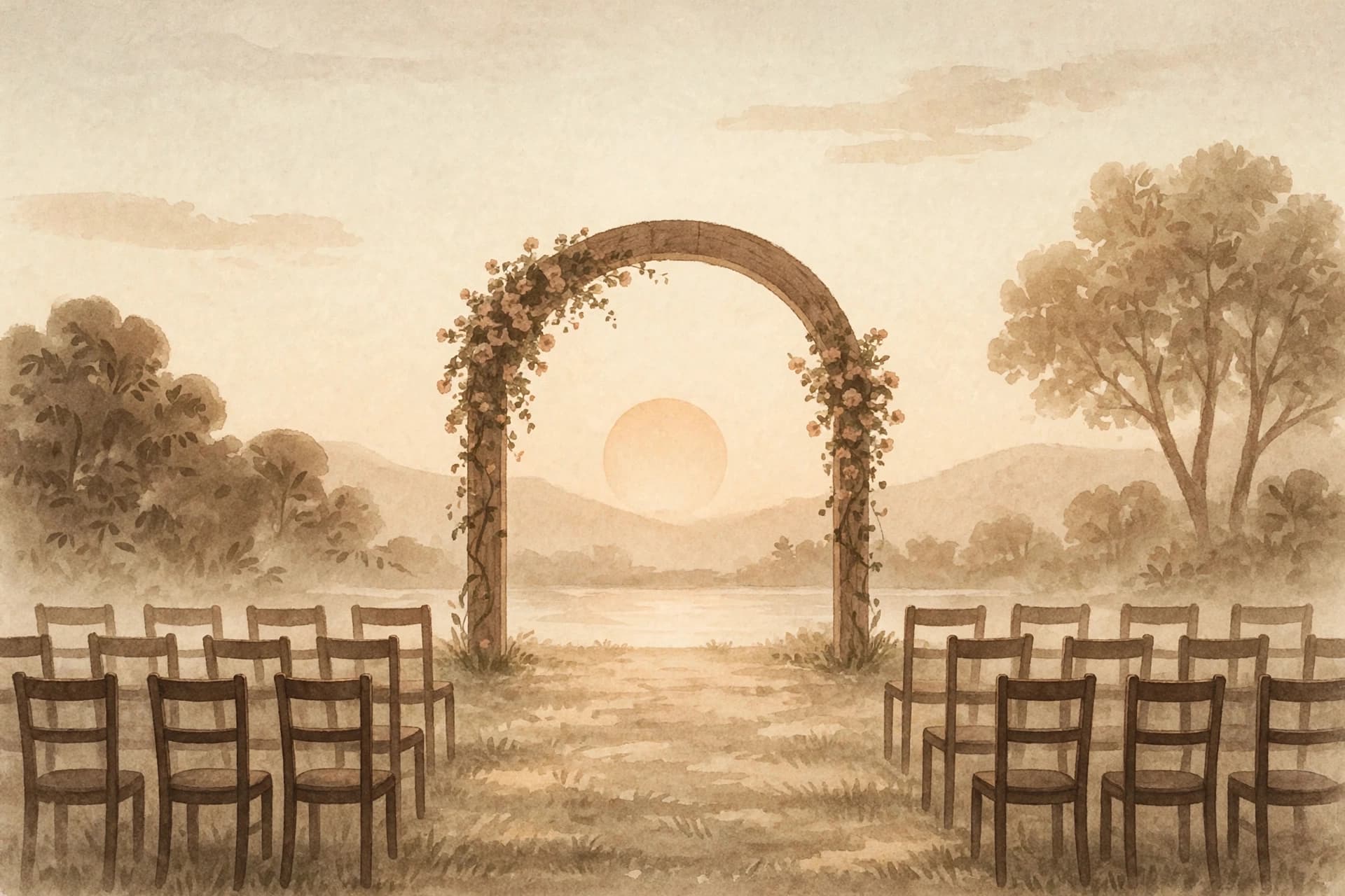 Illustration of an empty ceremony arch and rows of chairs at sunset, the calm scene a paid in full wedding day protects