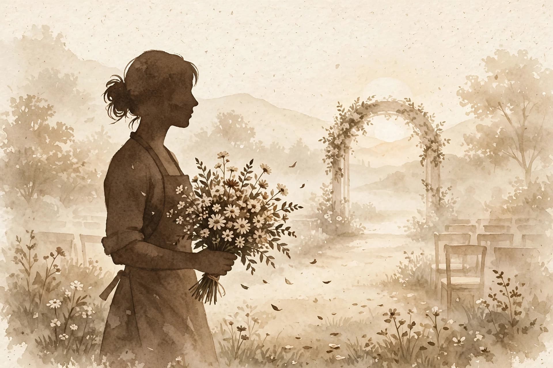 A florist carrying a finished bouquet through a venue garden toward a ceremony arch