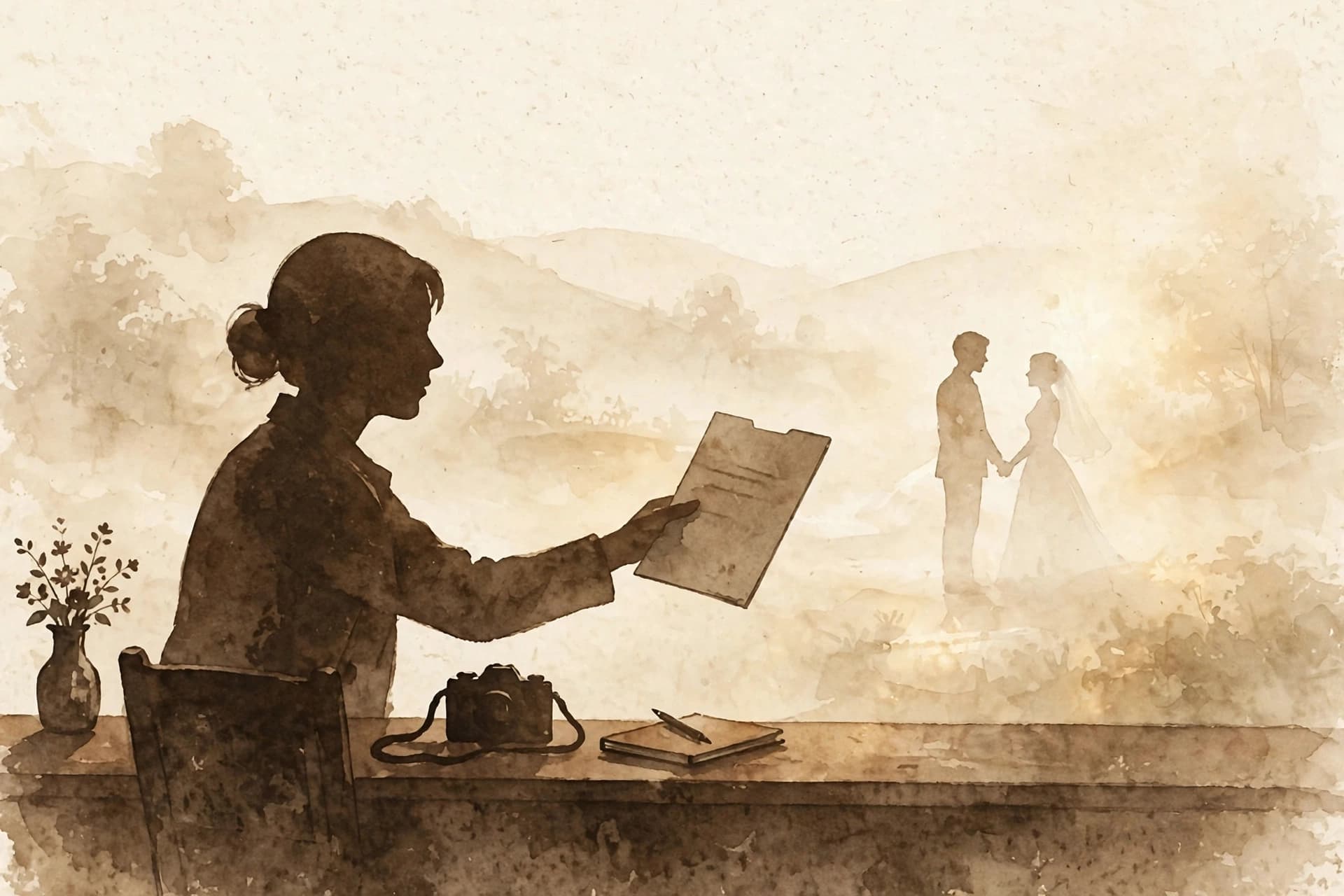 Illustration of a wedding photographer at a desk holding a contract folder, with a couple holding hands in soft light behind her