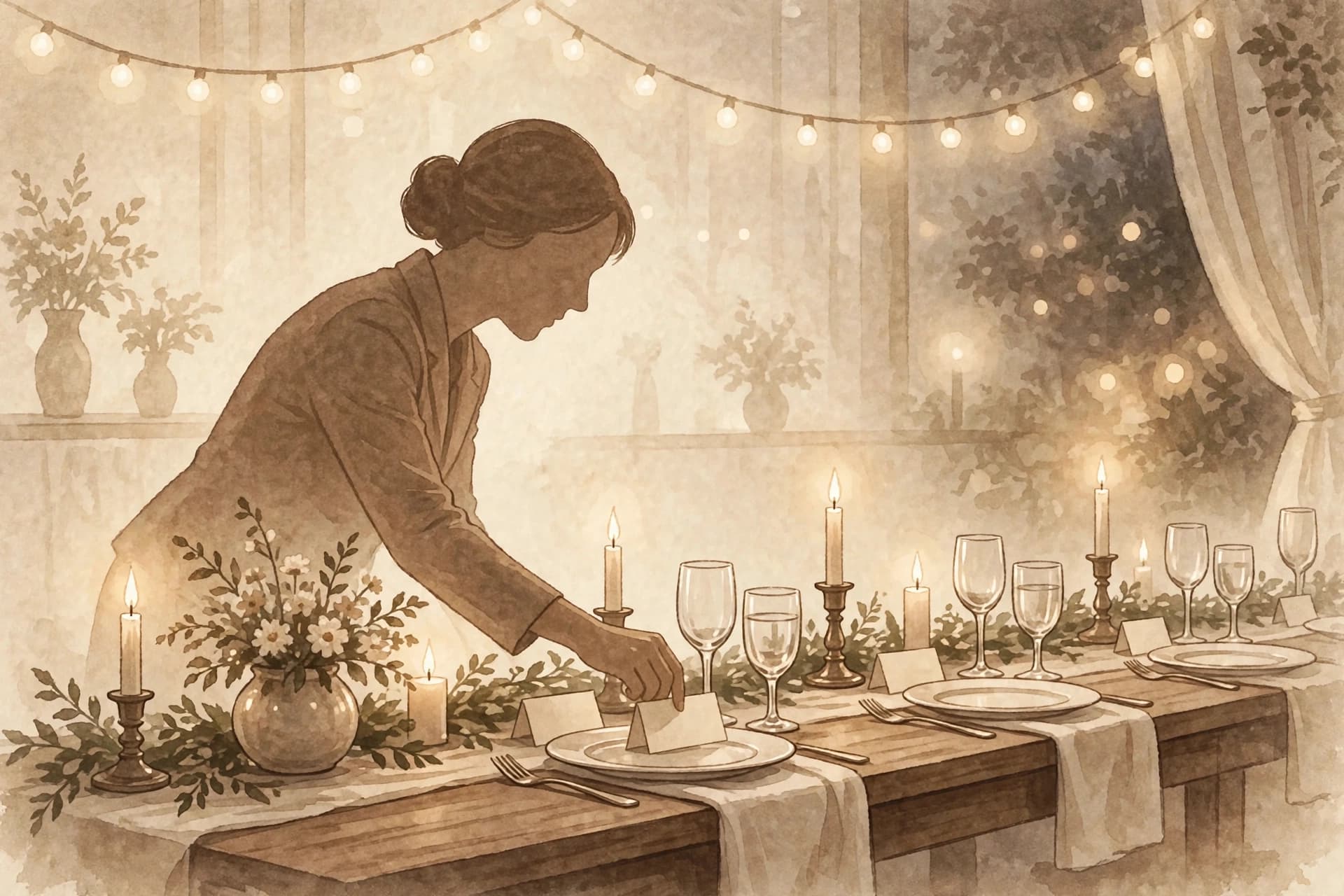 Illustration of a wedding pro placing a place card on a long reception table under string lights