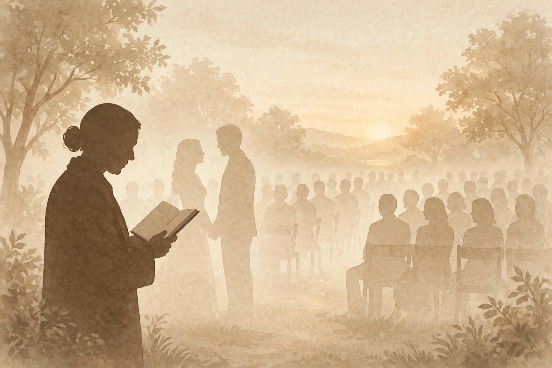 Táve alternative for wedding pros: an officiant in profile reading from a book at a garden ceremony, a couple holding hands pale behind